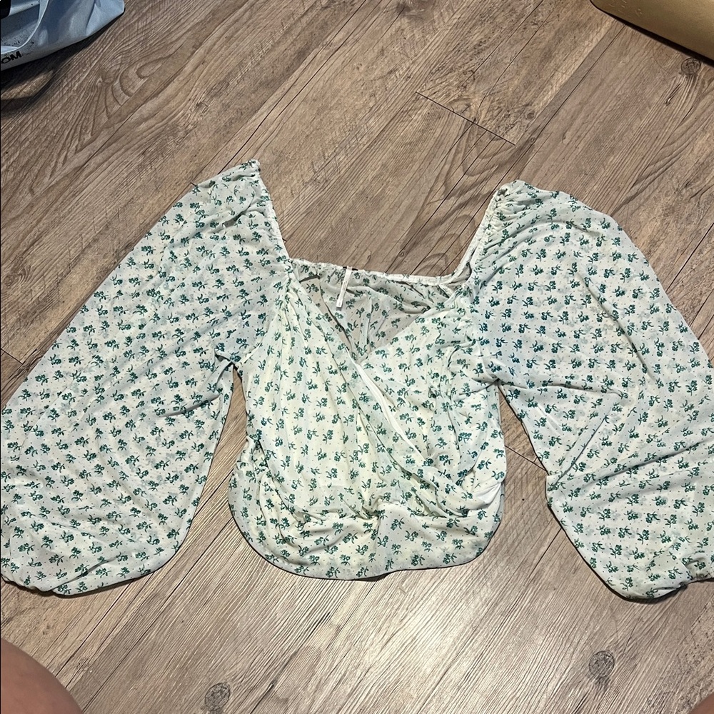 Free People Floral Wrap Blouse in Cream and Green